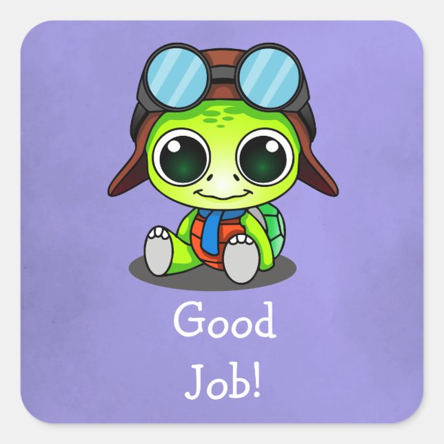 Good Job! Cute Chibi Cartoon Turtle Square Sticker (Front)