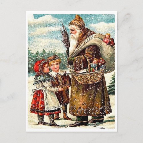 Good kids meet Santa Claus with gifts vintage Postcard
