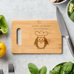 Good Looking Is Cooking Funny penguin chef cartoon Engraved Cutting Board