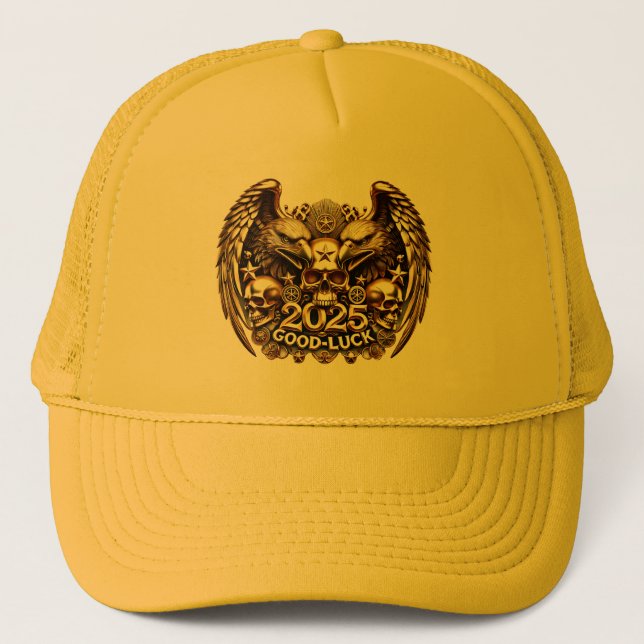 Good Luck 2025 Double Eagle Totenkopf Gold Trucker Hat (Front)