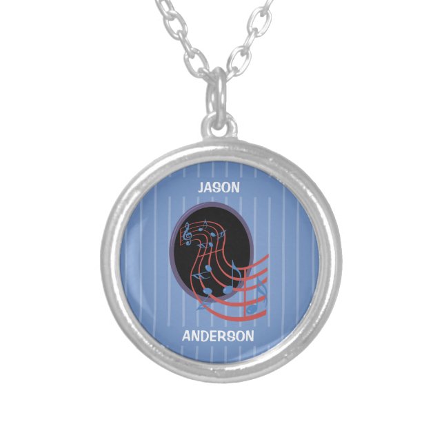 Good Luck, Black Music Circle Silver Plated Necklace (Front)