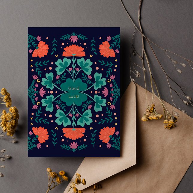 Good luck clovers and flowers dark blue card (Creator Uploaded)