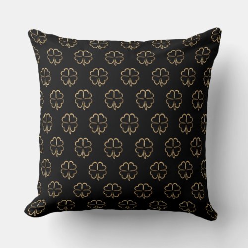 Good Luck Clovers Pattern Chic Black and Gold Throw Pillow