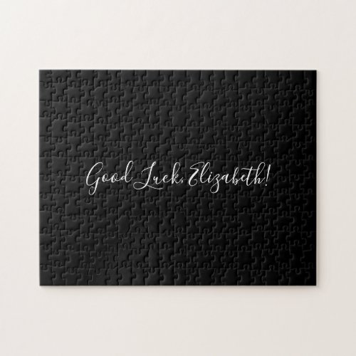 Good Luck Custom Name Script on Solid Black Funny Jigsaw Puzzle