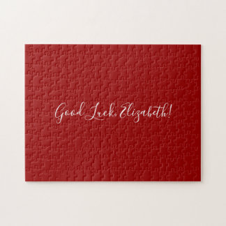 Good Luck Custom Name Script on Solid Red Funny Jigsaw Puzzle