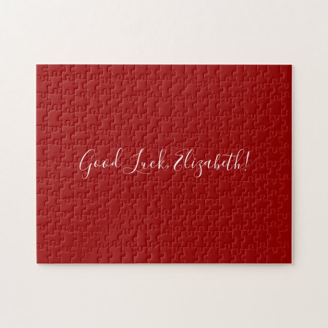 Good Luck Custom Name Script on Solid Red Funny Jigsaw Puzzle (Horizontal)