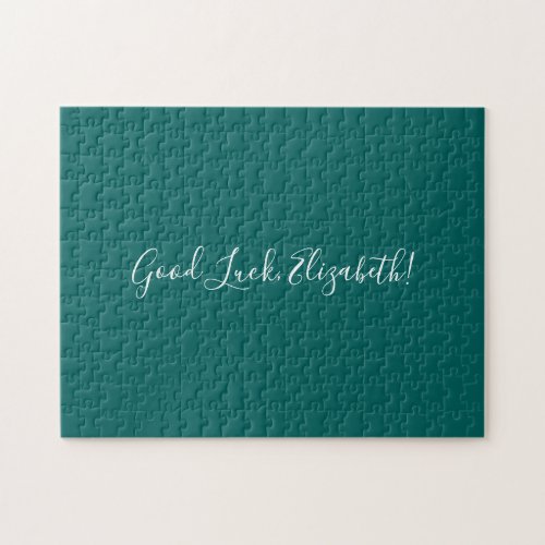 Good Luck Custom Name Script on Solid Teal Funny Jigsaw Puzzle