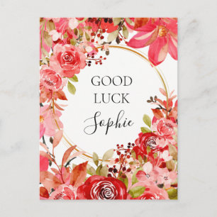 Good Luck Custom Pink Floral Gold Frame Postcard