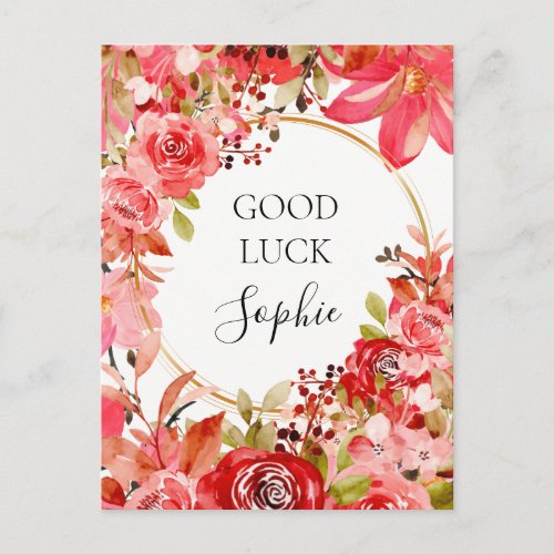 Good Luck Custom Pink Floral Gold Frame Postcard