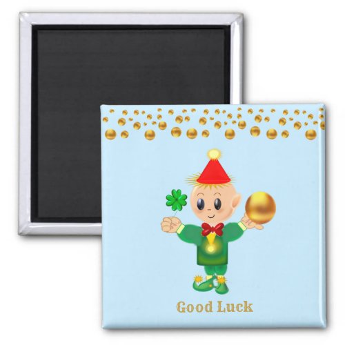 Good Luck Cute Elf and Gold Dots Magnet