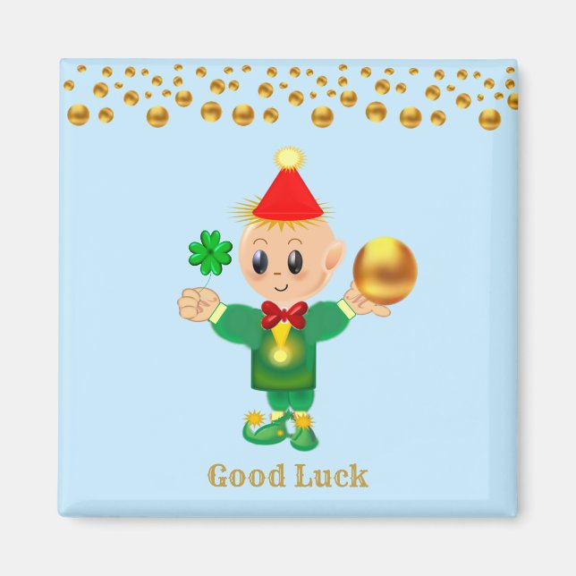 Good Luck Cute Elf and Gold Dots Magnet (Front)