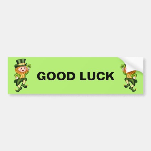 Good luck cute leprechauns  shamrocks on green bumper sticker