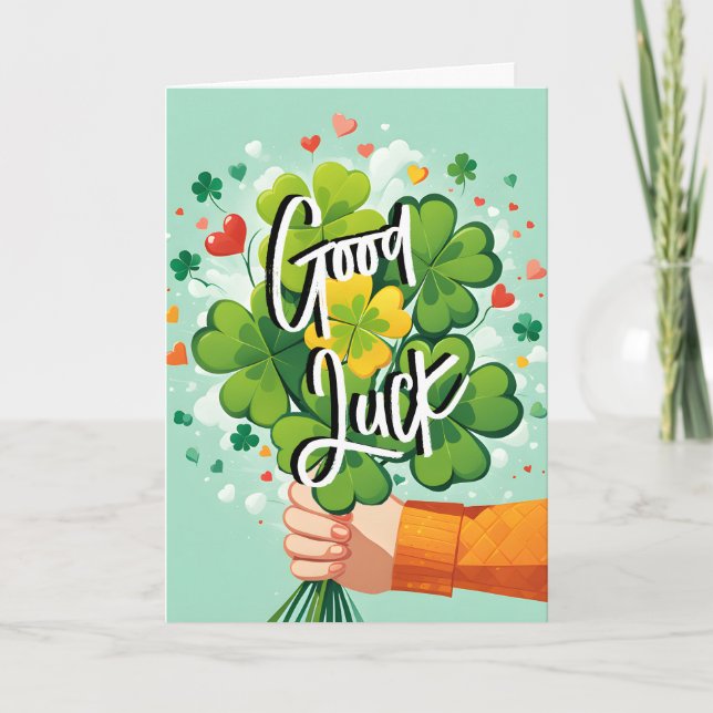 good luck four leaf clover bouquet of flowers  card (Front)