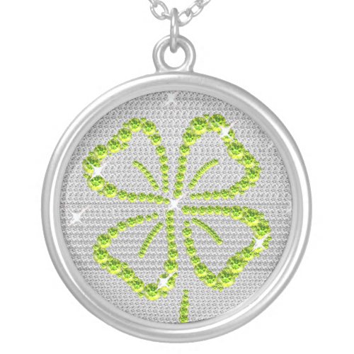 Good Luck Four Leaf clover Green and white Silver Plated Necklace