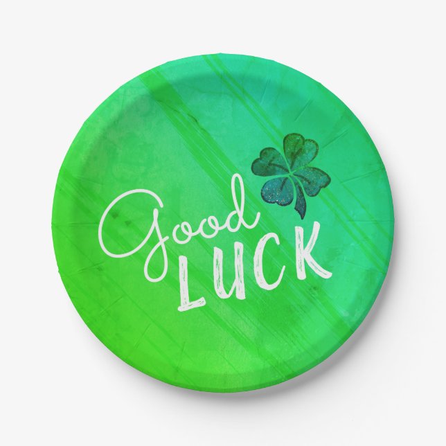 Good Luck Four Leaf Clover Shamrock Paper Plates (Front)