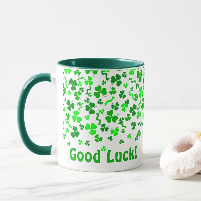 Good Luck Four Leaf Clover Shamrocks Personalized Mug (With Donut)
