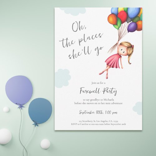 Good Luck Girl with Balloons Farewell Invitation