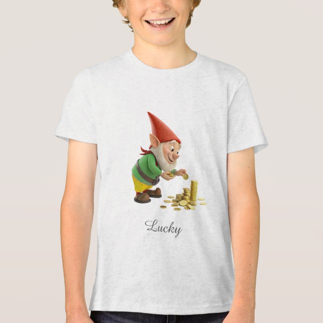 Good Luck Gnome with Gold Coins and Script Tri-Blend Shirt (Front)