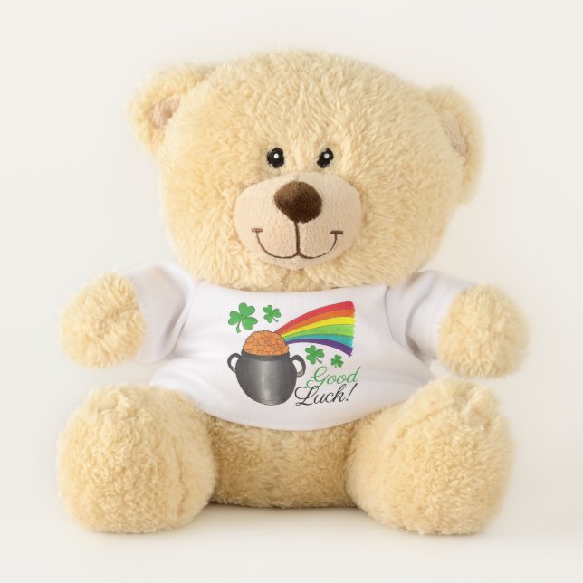 Good Luck Green Shamrock Pot of Gold Rainbow Lucky Teddy Bear (Front)
