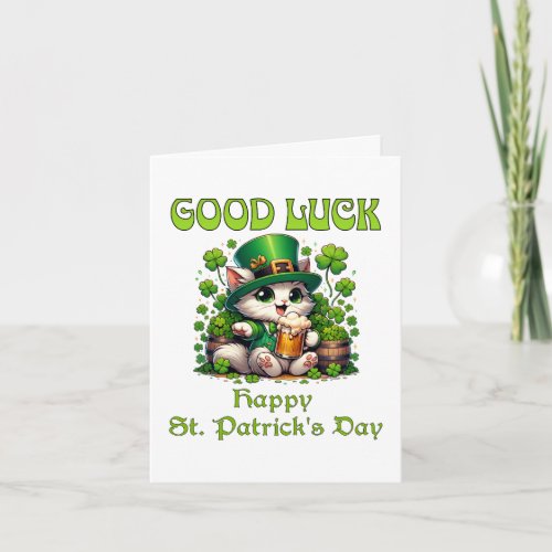 Good Luck Happy St Patricks Day Leprechaun Cat  Card