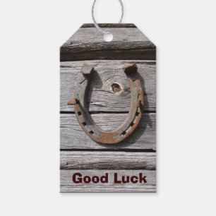 Good Luck Horseshoe on Old Wood Gift Tag