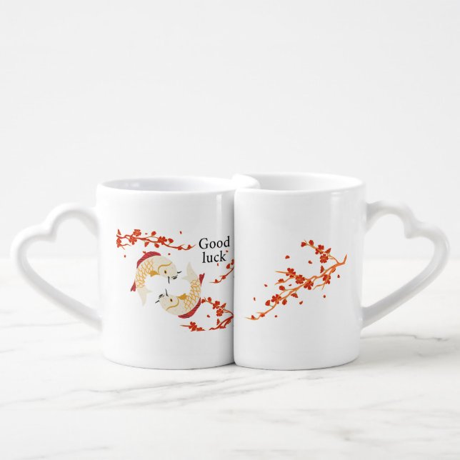 Good Luck Koi Fish with Sakura | Elegant Japanese  Coffee Mug Set (Front Nesting)