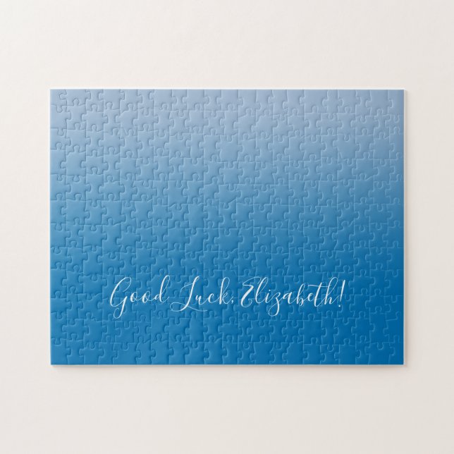 Good Luck Name Script on Blue Gradient Funny Jigsaw Puzzle (Horizontal)