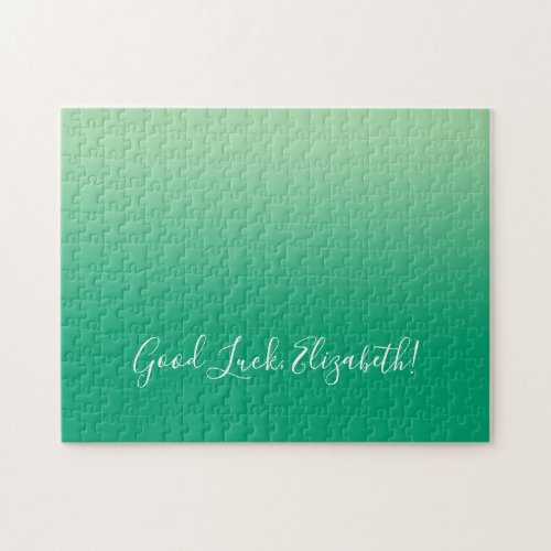 Good Luck Name Script on Green Gradient Funny Jigsaw Puzzle