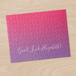 Good Luck Name Script Pink to Purple Ombré Funny Jigsaw Puzzle<br><div class="desc">Stylish raspberry pink to light purple gradient jigsaw puzzle features "Good Luck, [NAME]" in a white script font near the bottom. Personalize the funny text in the sidebar. Makes a great custom gift for someone who loves a challenge. To see the minimal ombré design on other items, click the "Rocklawn...</div>