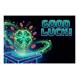 "GOOD LUCK!" Neon Arcade with Four-Leaf Clover Poster