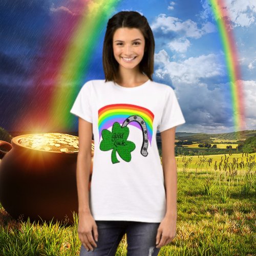 Good Luck Shamrock Rainbow and Horseshoe T_Shirt