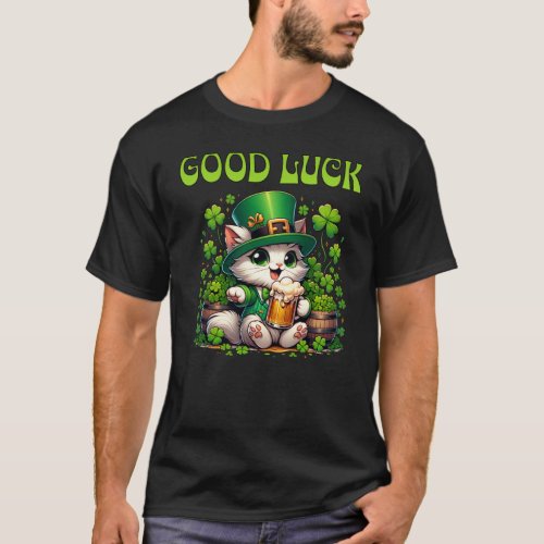 Good Luck Shamrocks St Patricks Day Beer Mug Cat  T_Shirt