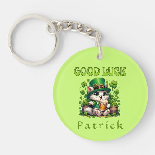 Good Luck St Patricks Day Leprechaun Beer Cat  Keychain