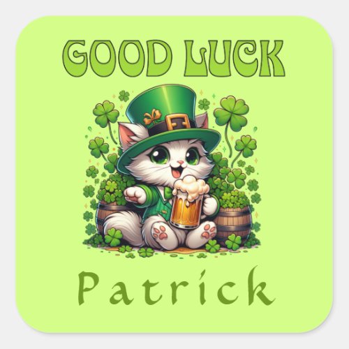 Good Luck St Patricks Day Leprechaun Beer Cat  Square Sticker