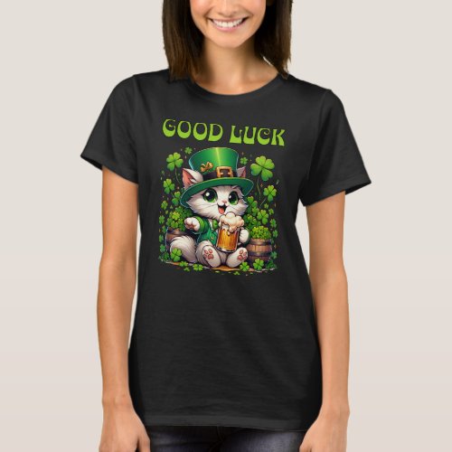Good Luck St Patricks Day Leprechaun Beer Cat  T_Shirt