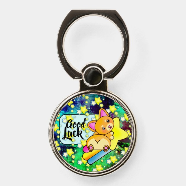 Good Luck with Cute Galaxy Star Fluffy Corgi Phone Ring Stand (Front)