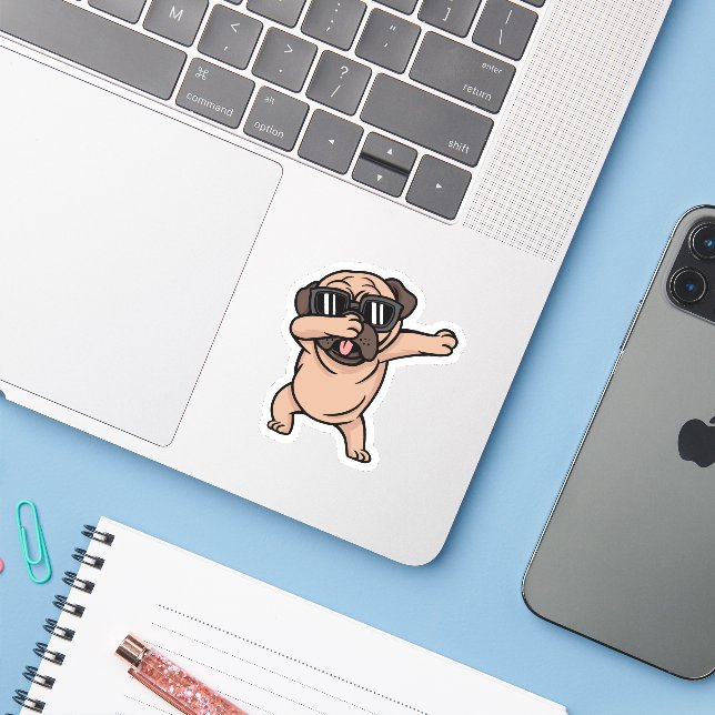 Good Mood Pug with Sunglasses Dabbing Sticker (Laptop w/ iPhone)