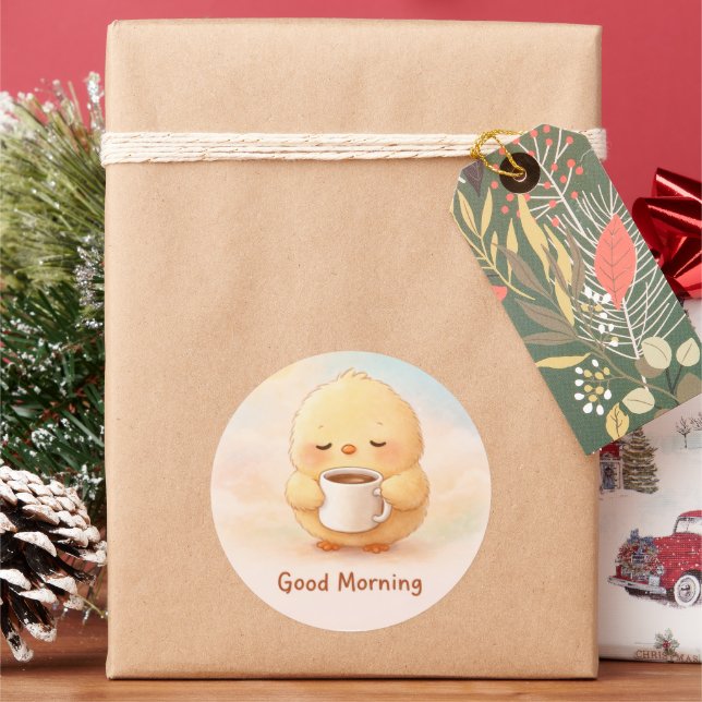 Good Morning Alma Chick Cute Coffee Sticker (Holiday)