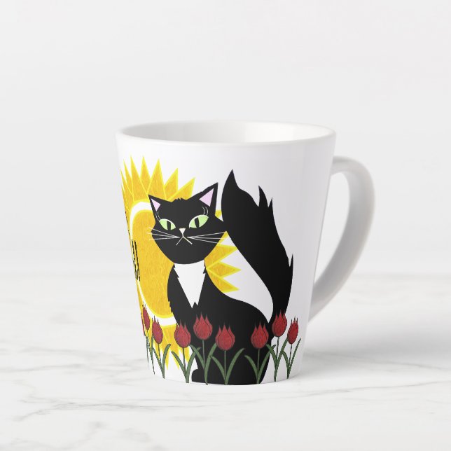 Good Morning Beautiful! Cat with Sun and Tulips Latte Mug (Right Angle)