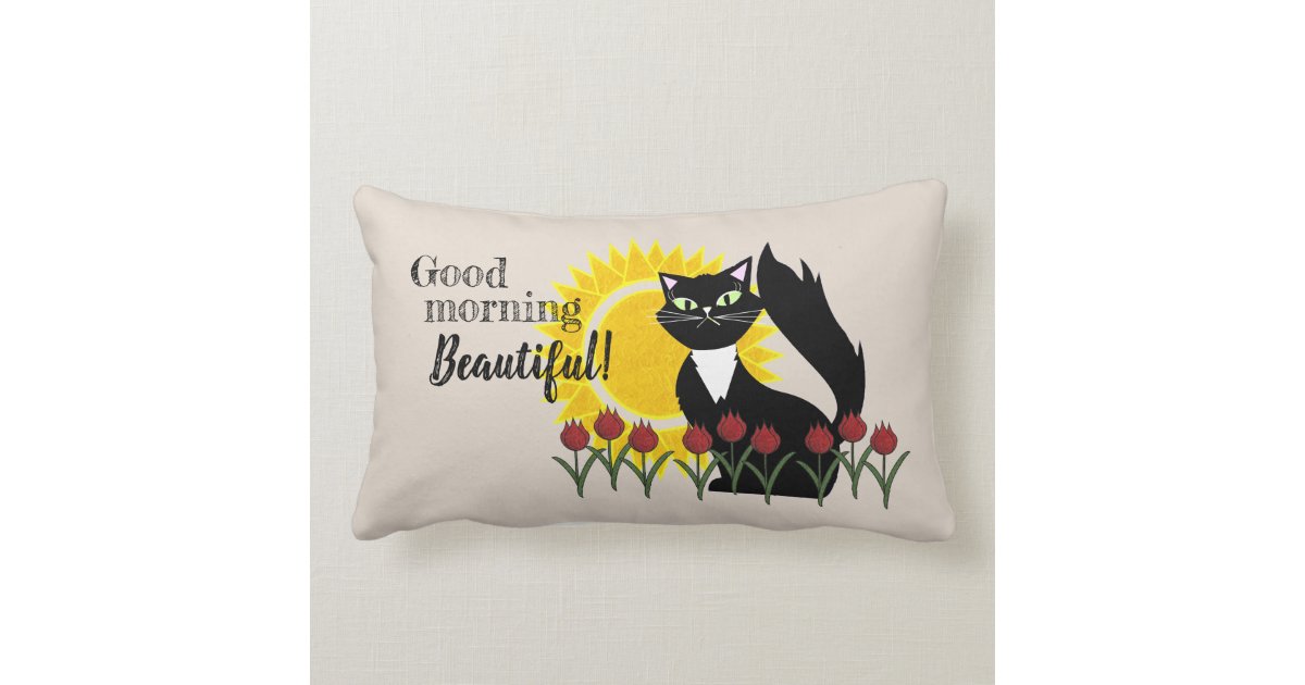 Good Morning Beautiful Cat With Sun And Tulips Lumbar Pillow