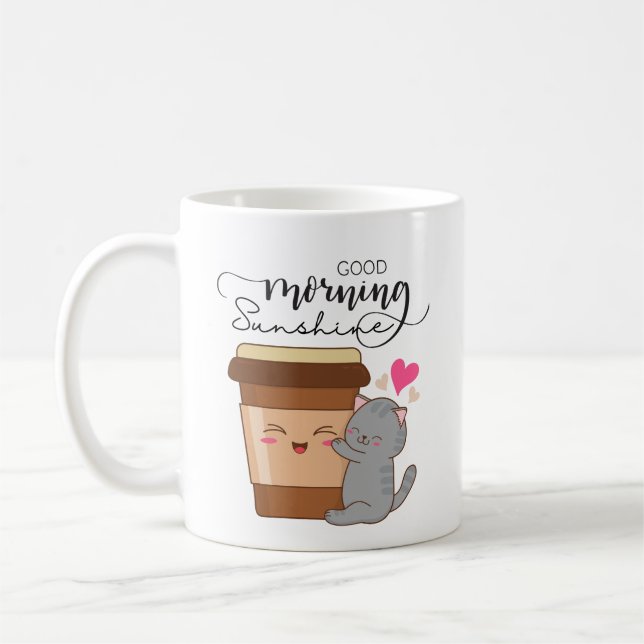 Good Morning Cute Cat & Coffee kawaii  Mug (Left)