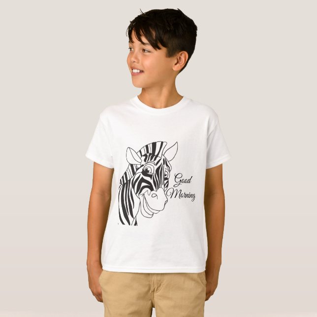 "Good Morning" Cute Zebra Black/White Stripes T-Shirt (Front Full)