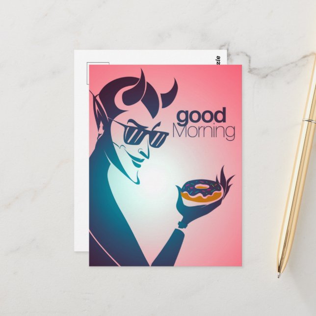 Good Morning Devil With Donut Postcard (Front/Back In Situ)
