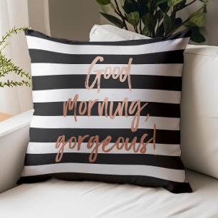 Good Morning Gorgeous Rose Gold Black Stripes Throw Pillow