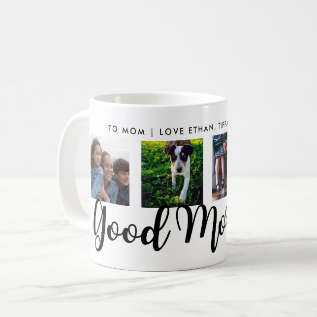 Good Morning | Modern Typography Four Photo Grid Coffee Mug (Front Left)