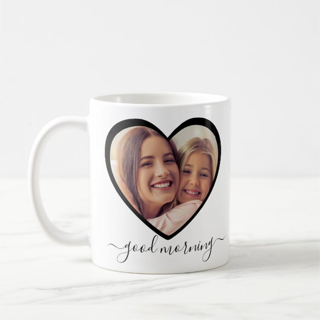 Good Morning Mom Personalized 2 Heart Photo Script Coffee Mug (Left)