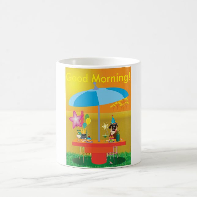 “Good Morning Party” Mug – Whimsical Cat & Dog  (Center)