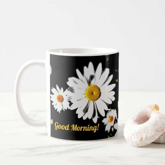 Good Morning! Rustic Farmhouse Daisy Art Custom Coffee Mug (With Donut)