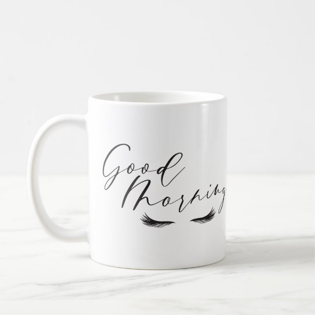 Good Morning Script Beauty Eye Lashes Coffee Mug (Left)