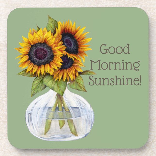 Good Morning Sunshine Sunflowers on Green Coaster (Front)
